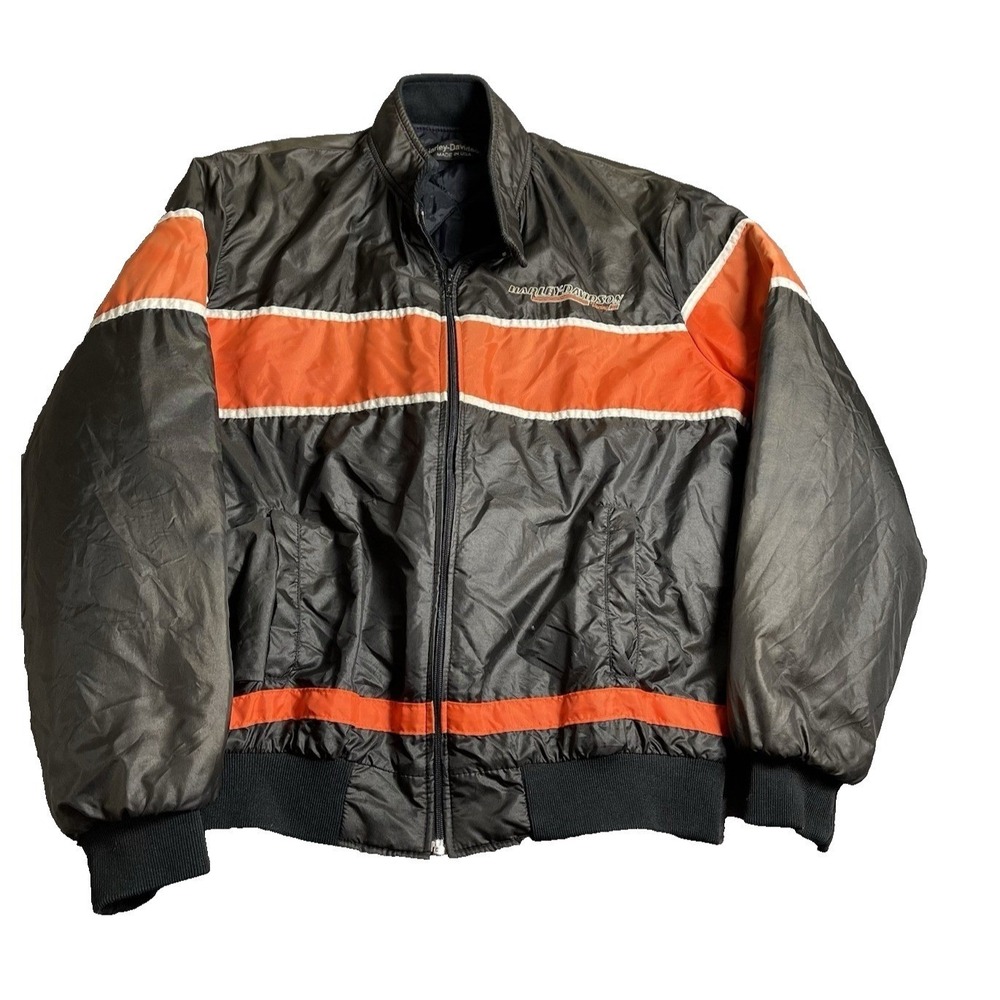 Vintage Harley Davidson Racing Bomber Jacket Black Orange Made USA Y2K Large